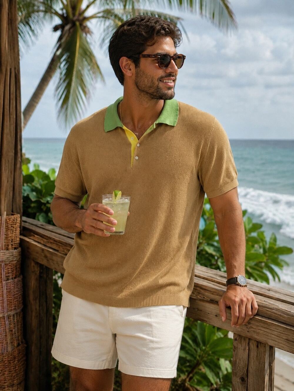 Scotch & Soda Structured Knit Polo in Tan/Green Men's Size XL